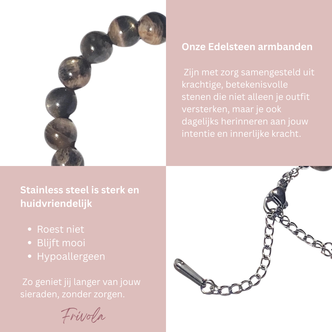 Zwarte Maansteen met Falsh Armband - Stainless Steel