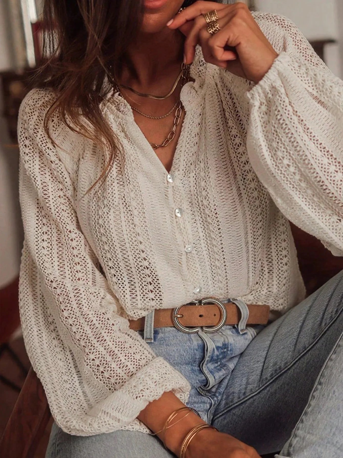 Boho Openwork Knit Blouse